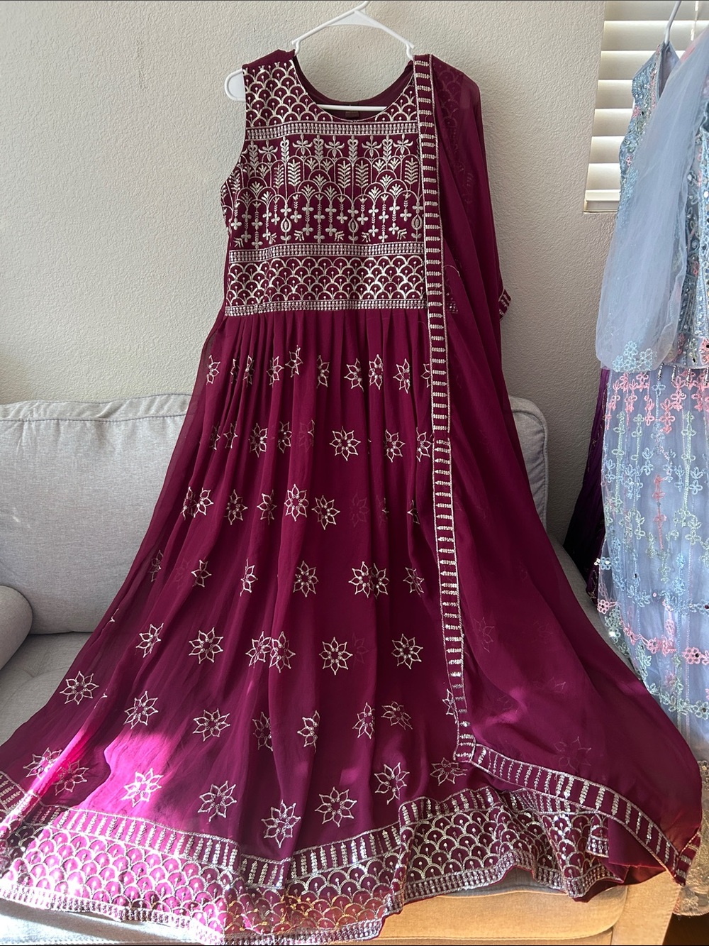 New Embroidered Maroon Women's maxi dress. Comes with dupatta and sleeve fabric.